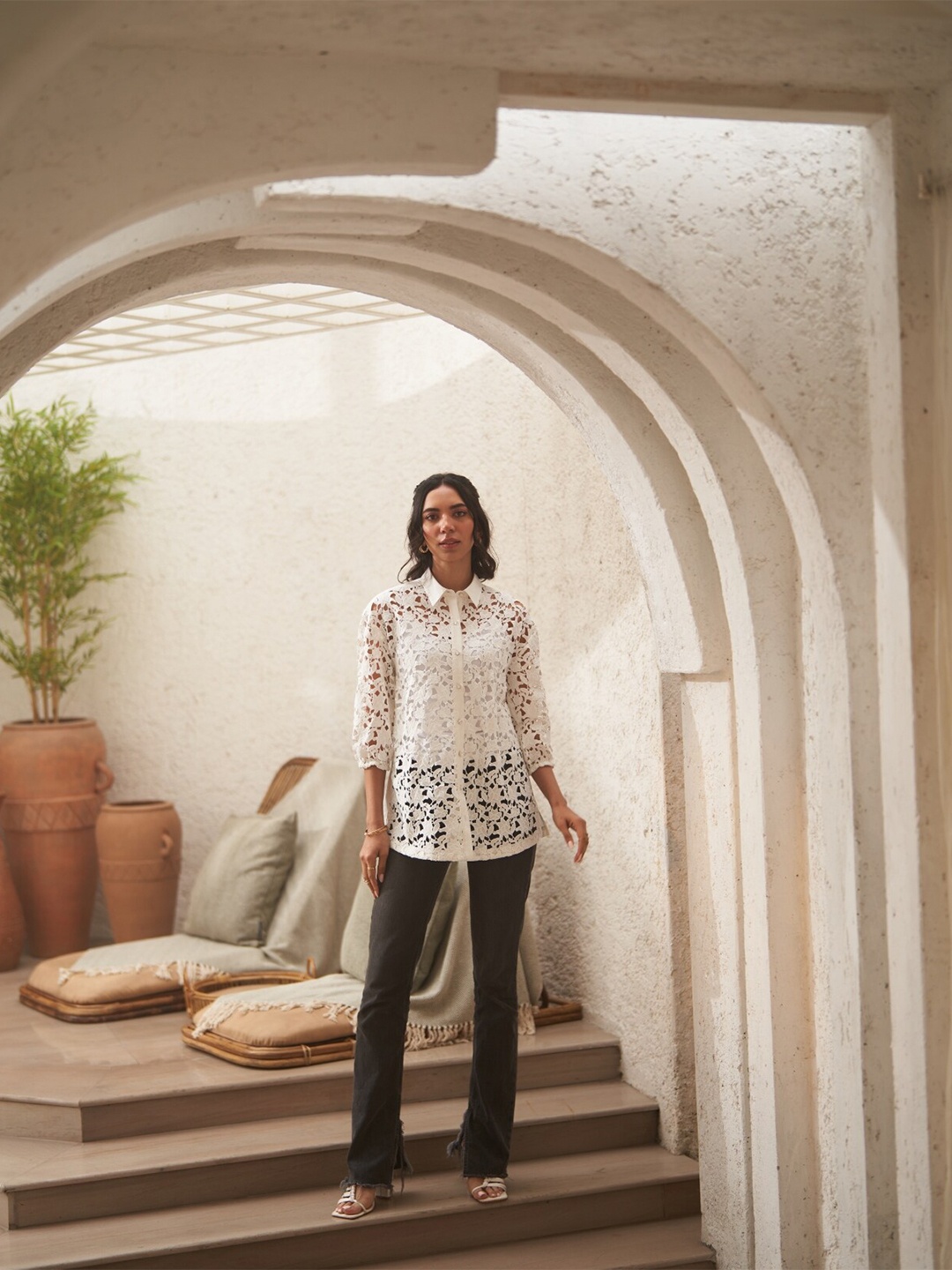 

Style Island Bohemian Shirt Collar Cotton Top, White
