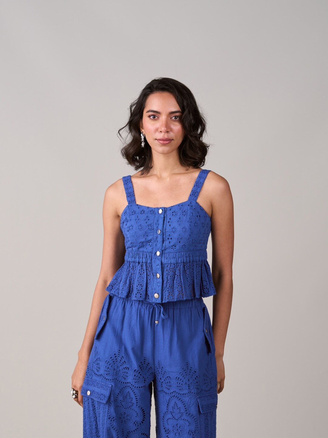 

Style Island Shoulder Straps Sleeveless Bohemian Linen Top, Blue