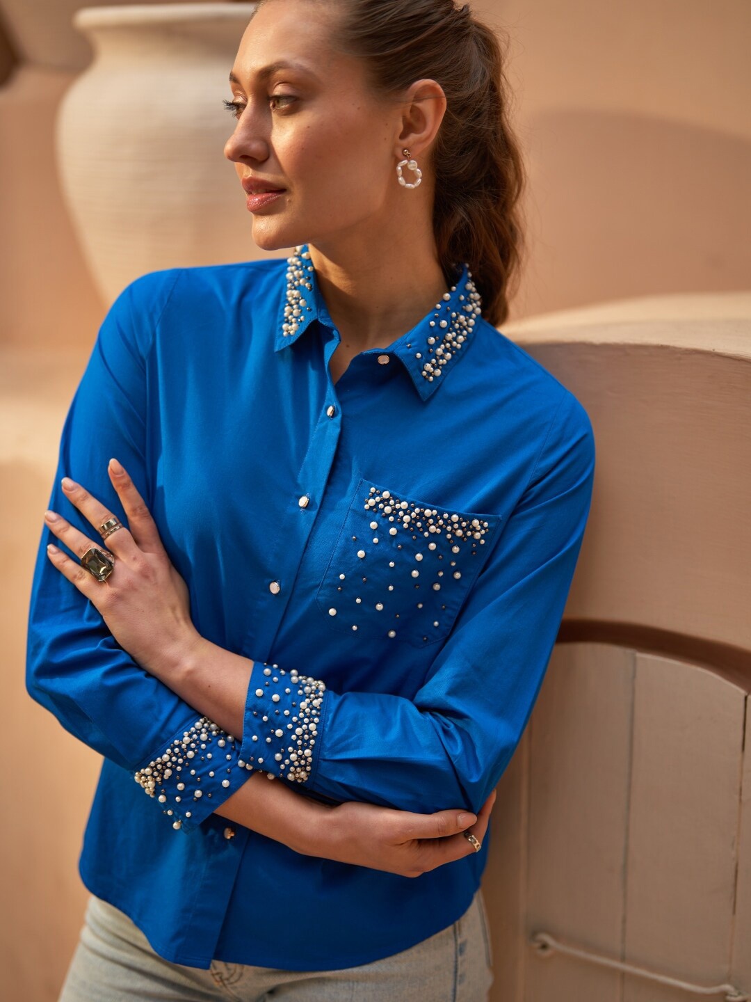 

Style Island Batwing Sleeve Bohemian Cotton Shirt Style Top, Blue