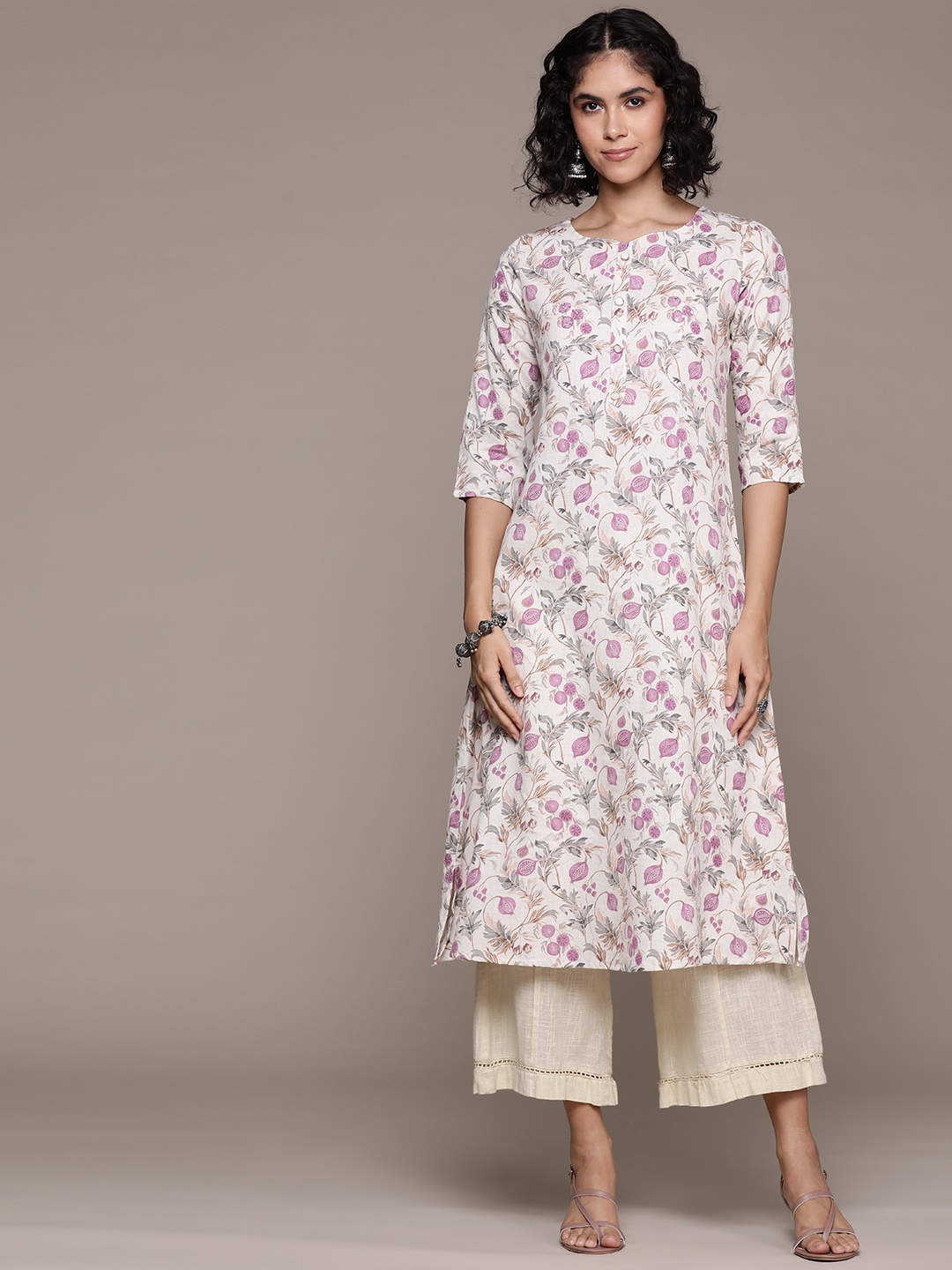 Readiprint Floral Printed Sweetheart Neck Sequinned Pure Cotton Kurta, Beige