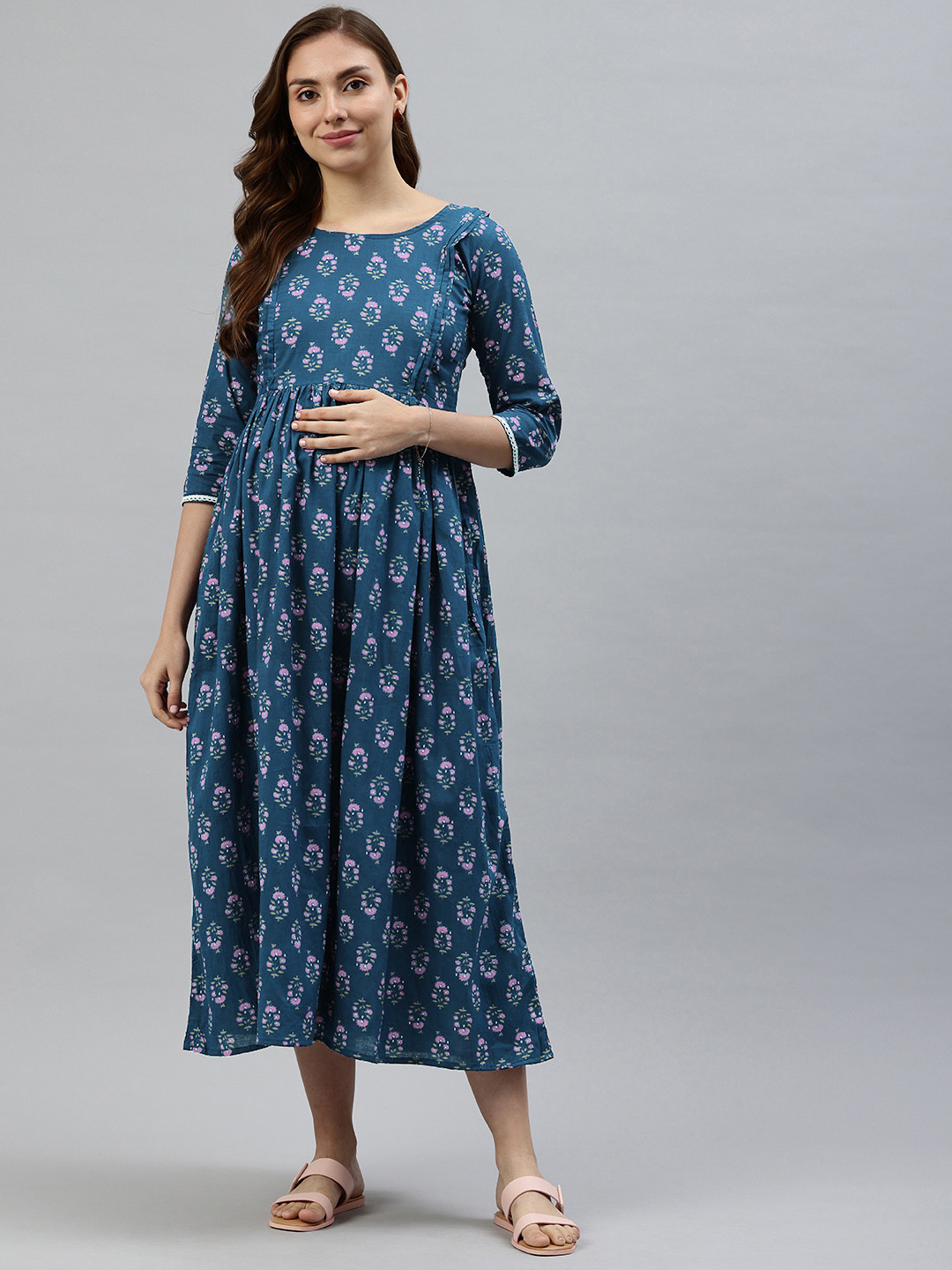 

Swishchick Floral Print Maternity Fit & Flare Midi Dress, Navy blue
