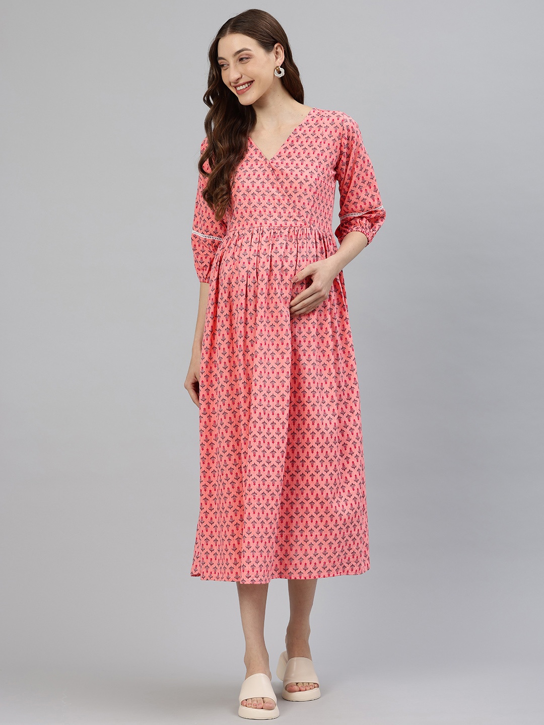 

Swishchick Floral Print Puff Sleeves Maternity Midi Dress, Pink