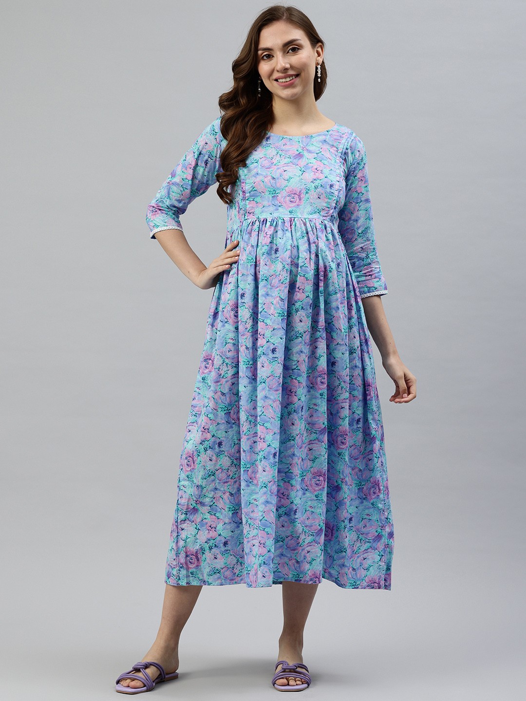 

Swishchick Floral Print Maternity Fit & Flare Midi Dress, Blue