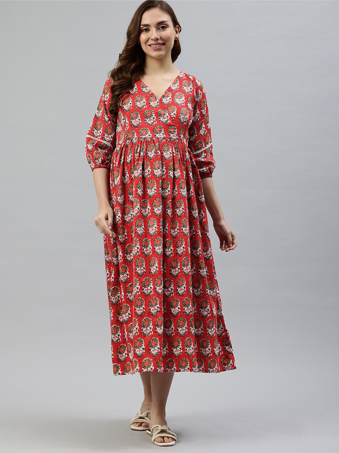 

Swishchick Floral Print Puff Sleeves Maternity Midi Wrap Dress, Red