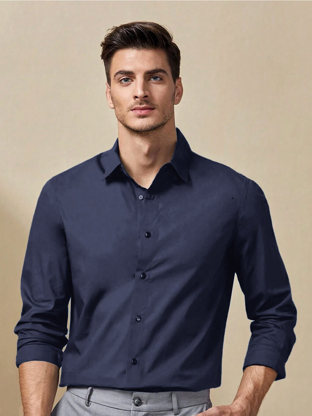 

HAMPTONS Spread Collar Long Sleeves Opaque Cotton Casual Shirt, Blue