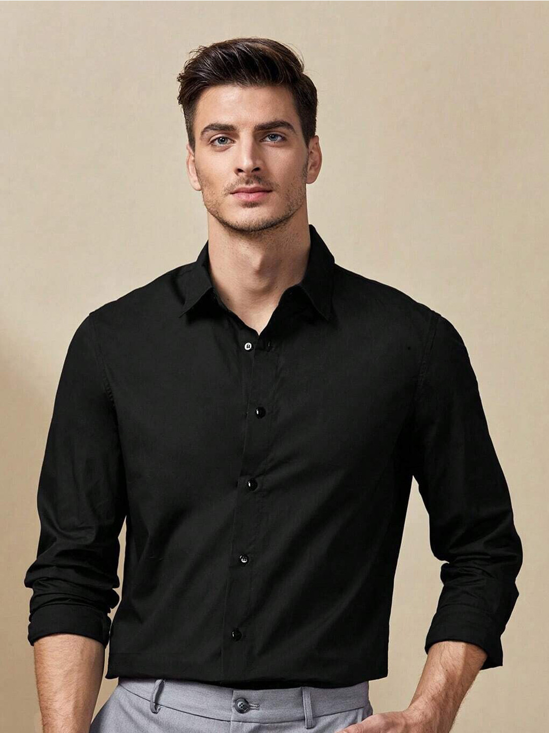 

HAMPTONS Spread Collar Long Sleeves Cotton Casual Shirt, Black
