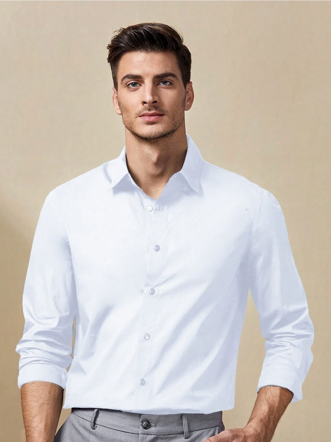 

HAMPTONS Spread Collar Long Sleeves Opaque Cotton Casual Shirt, White