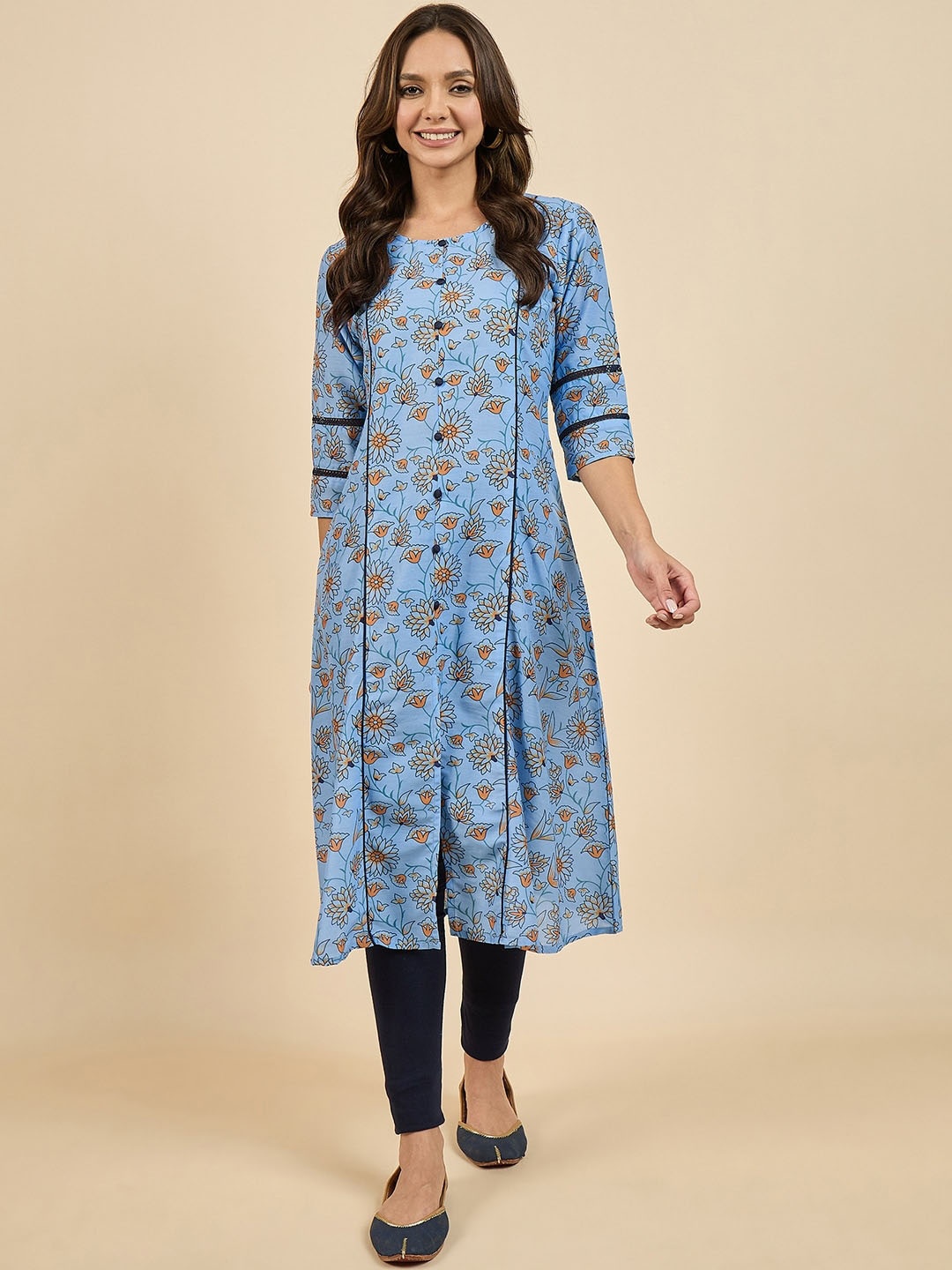 

Azira Tribal Printed Mirror Work Flared Cotton A-Line Kurta, Blue