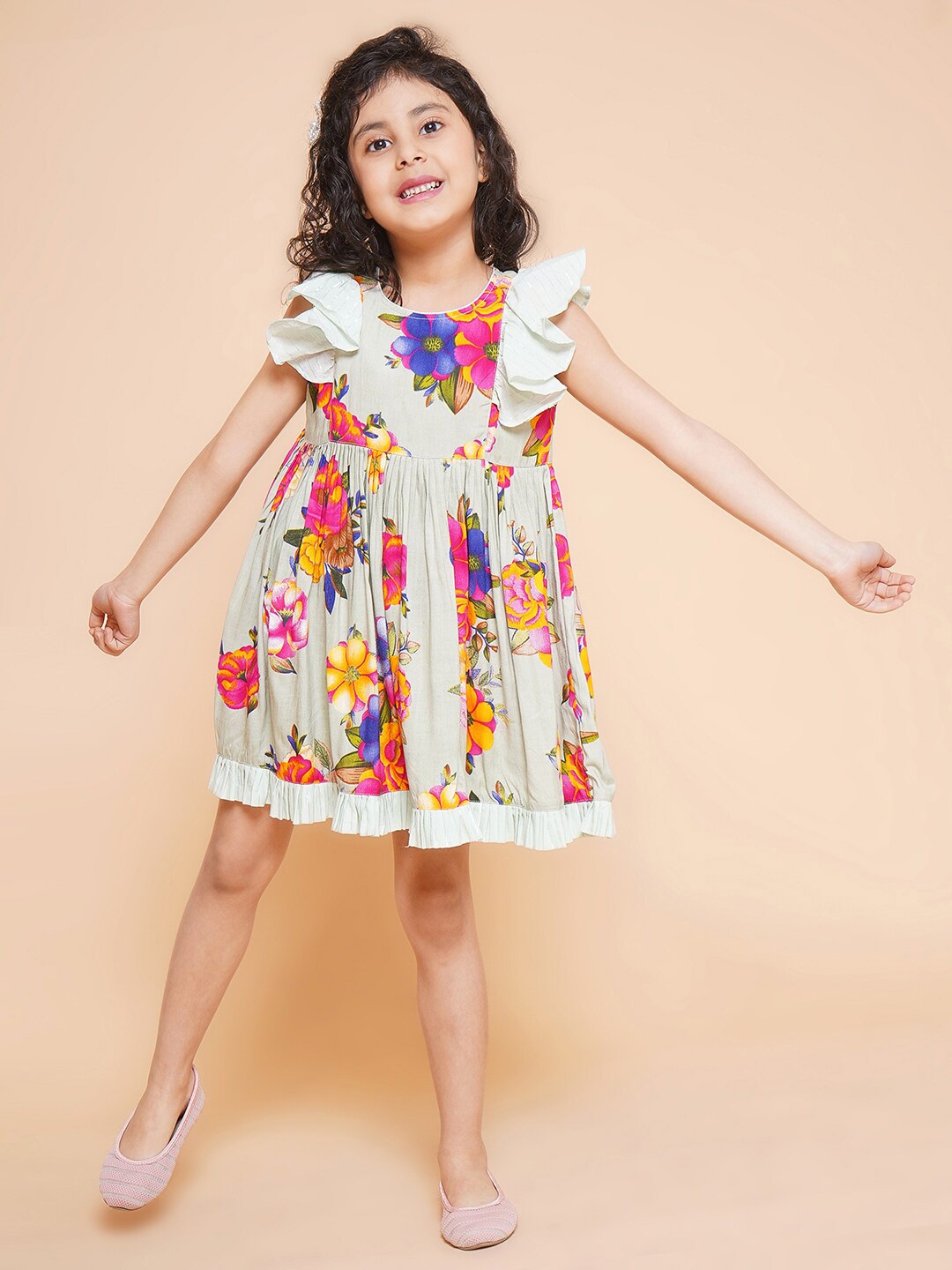 

Little Bansi Girls Floral Printed Flutter Sleeve Fit & Flare Ruffled Dress, Green