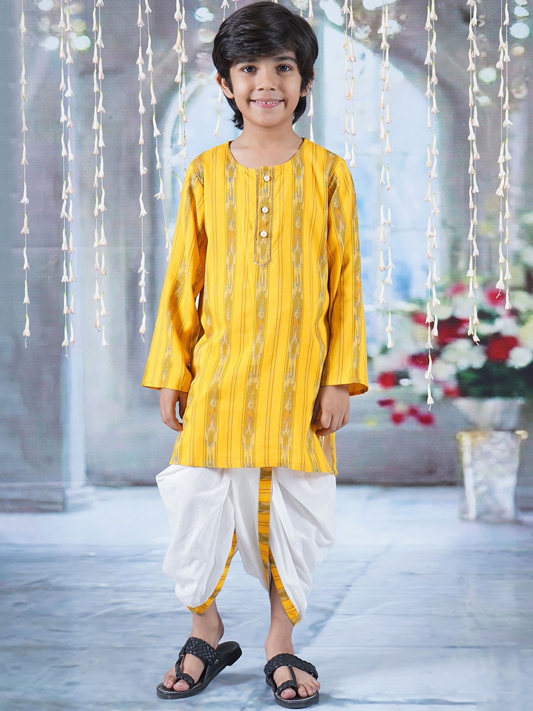 

Little Bansi Boys Striped Round Neck Pure Cotton Straight Kurta with Dhoti, Yellow