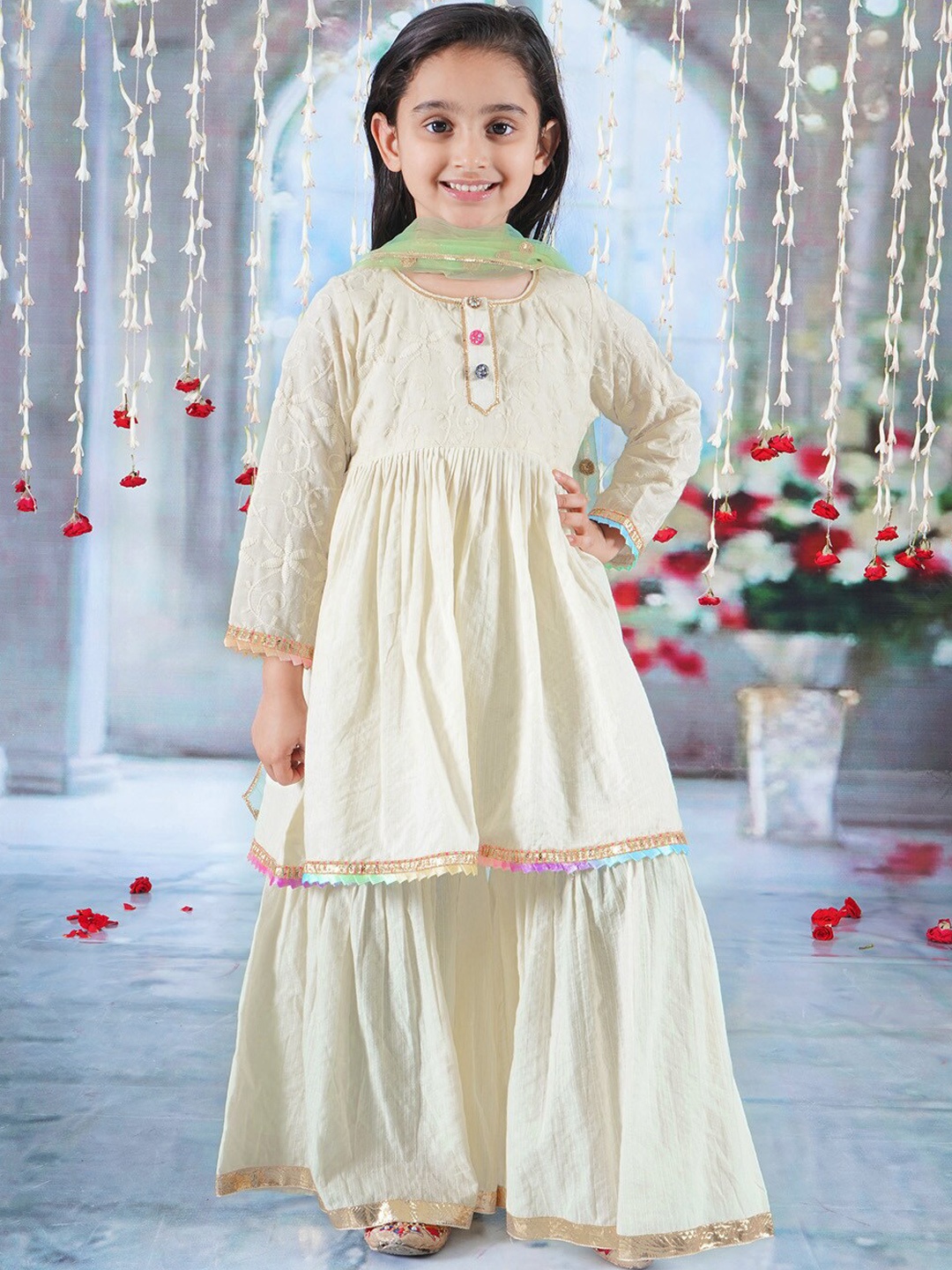 

Little Bansi Girls Floral Embroidered Thread Work Pure Cotton Kurta with Sharara & Dupatta, Cream