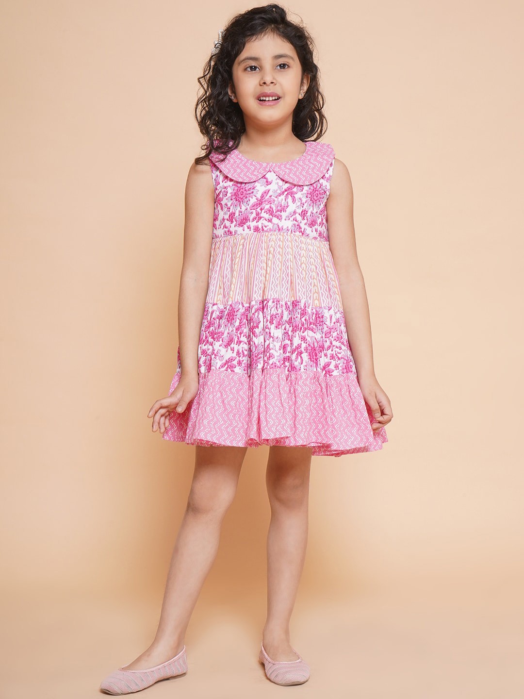 

Little Bansi Girls Floral Printed Peter Pan Collar Fit & Flare Dress, Pink