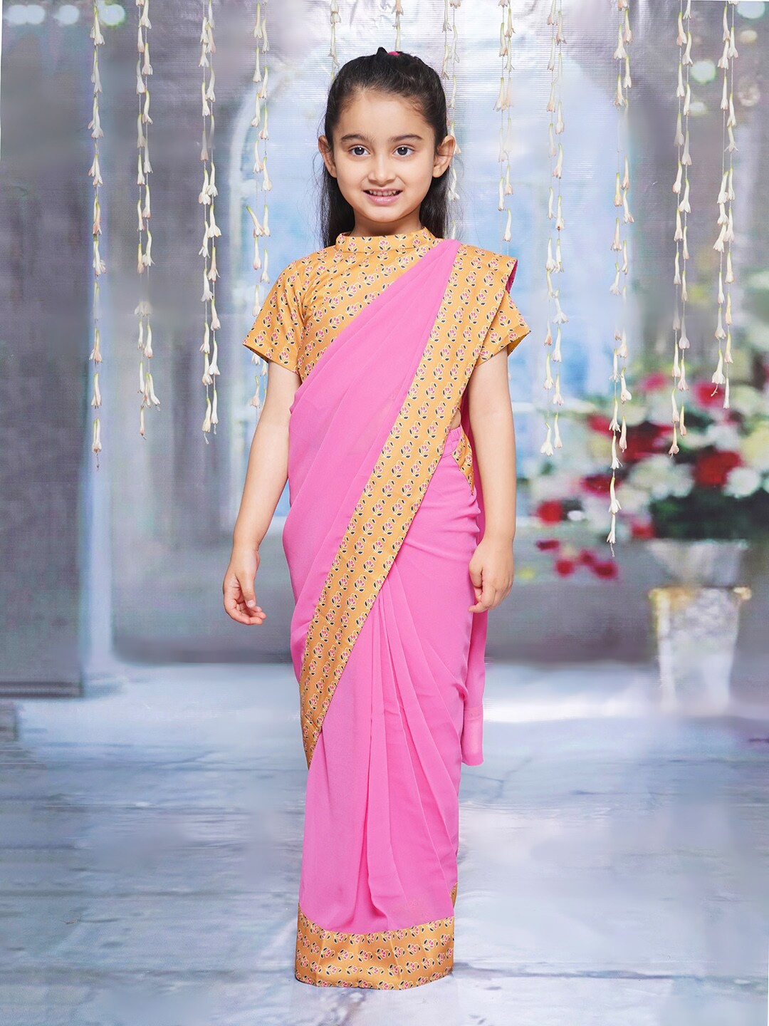 

Little Bansi Girls Zari Pure Georgette Saree, Pink