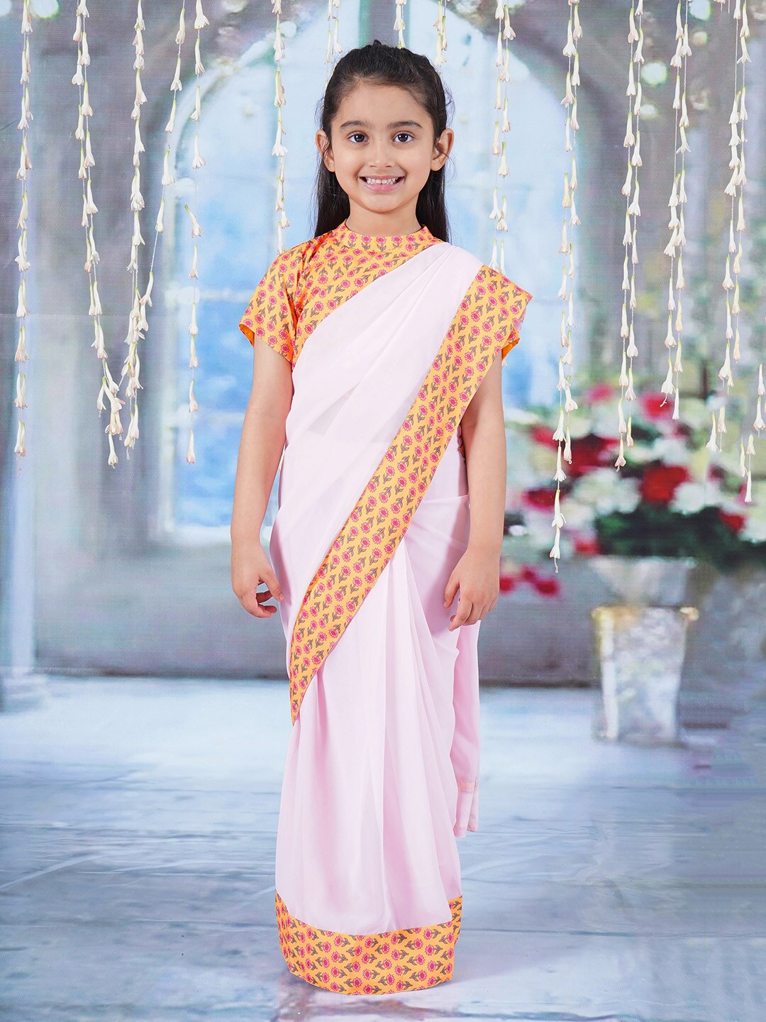 

Little Bansi Girls Zari Pure Georgette Saree, Pink