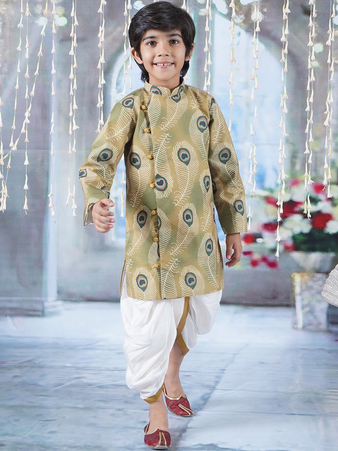 

Little Bansi Boys Printed Pure Cotton Sherwani With Dhoti Pants, Mustard