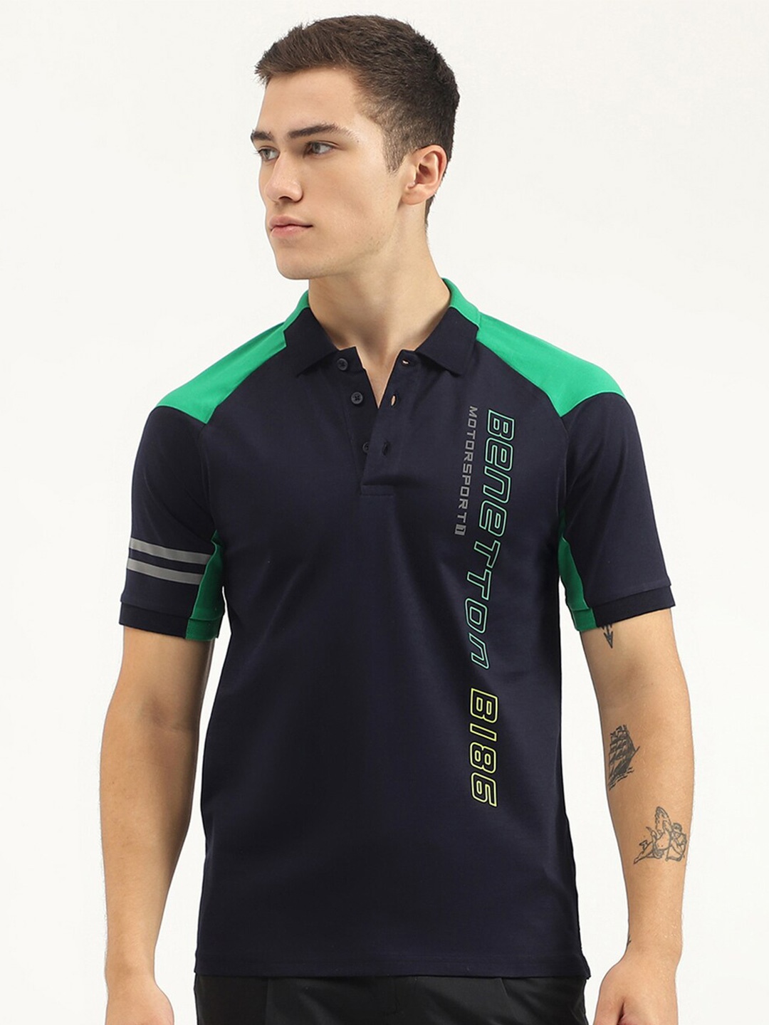 

United Colors of Benetton Typography Printed Polo Collar Pure Cotton Applique T-shirt, Navy blue
