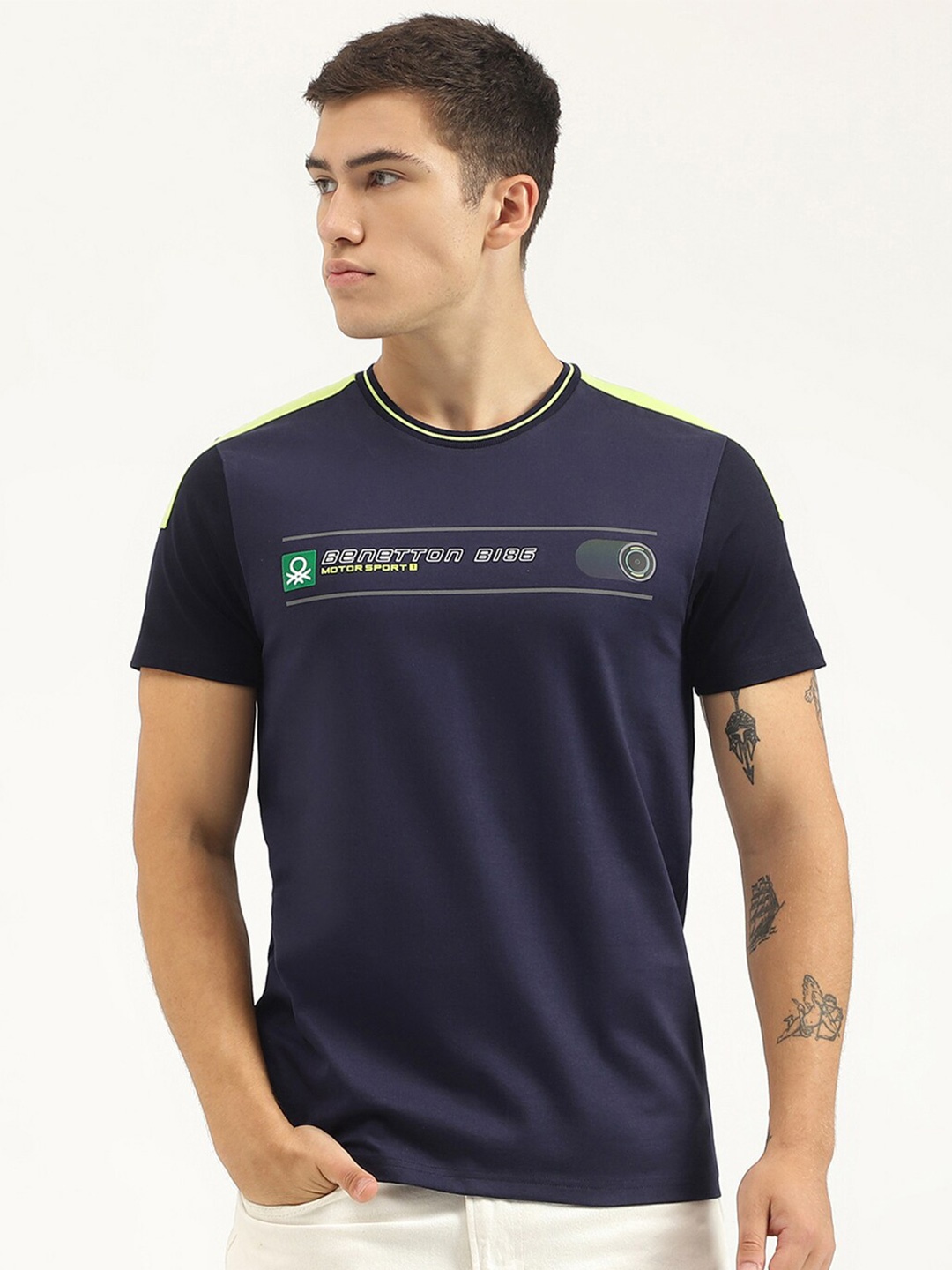 

United Colors of Benetton Relaxed Fit Round Neck Typography Pure Cotton Applique T-shirt, Navy blue