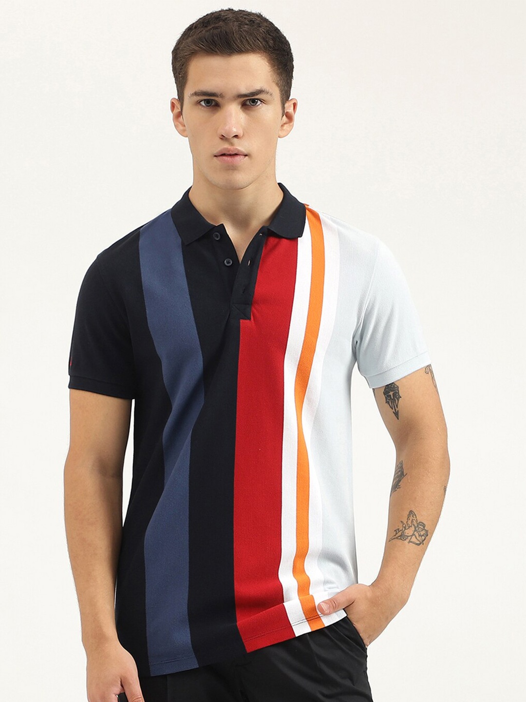 

United Colors of Benetton Striped Polo Collar Pure Cotton Applique T-shirt, Black