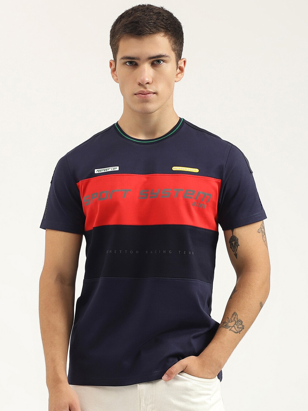 

United Colors of Benetton Relaxed Fit Round Neck Printed Pure Cotton Applique T-shirt, Blue