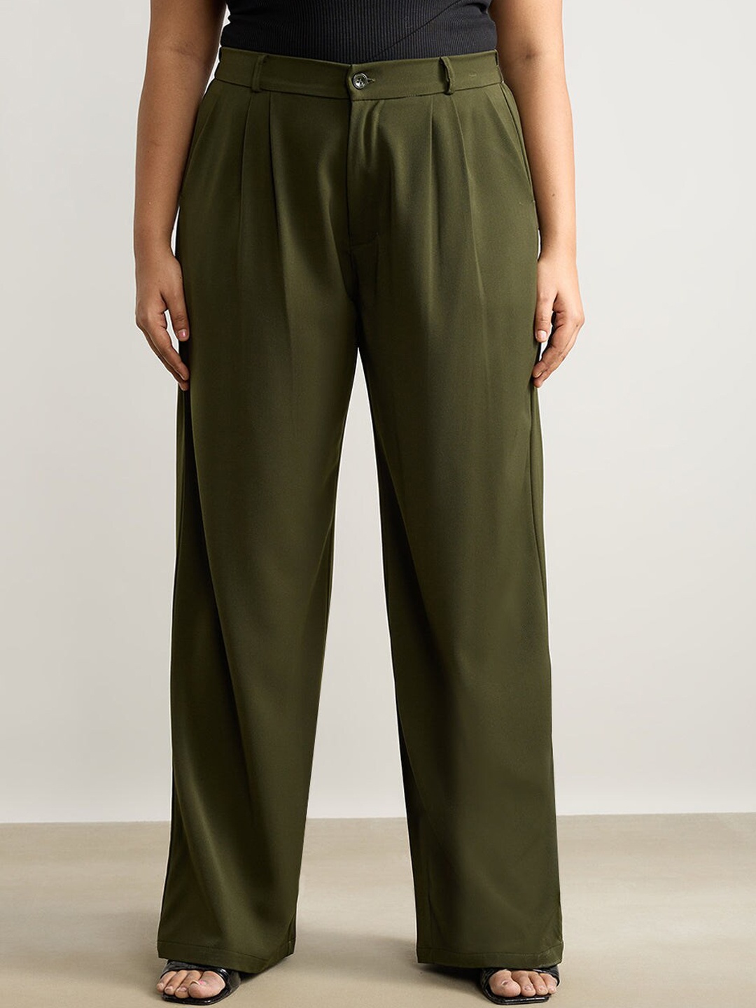 

FREAKINS Women High-Rise Pleated Parallel Trousers, Olive