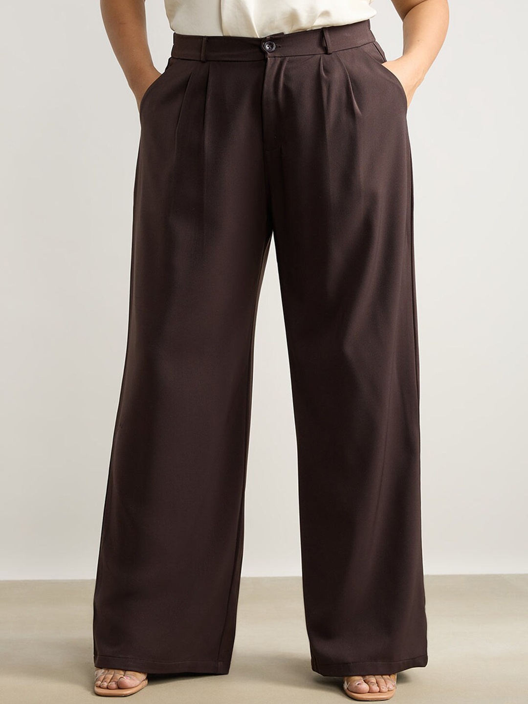

FREAKINS Women's Curve Pleated Dark Brown Korean Pant