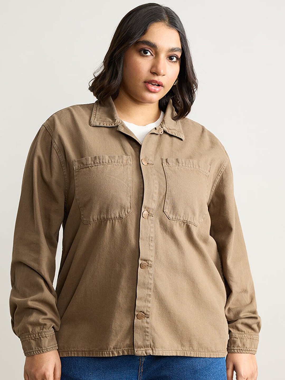 

FREAKINS Plus Size Pure Cotton Casual Shacket, Brown