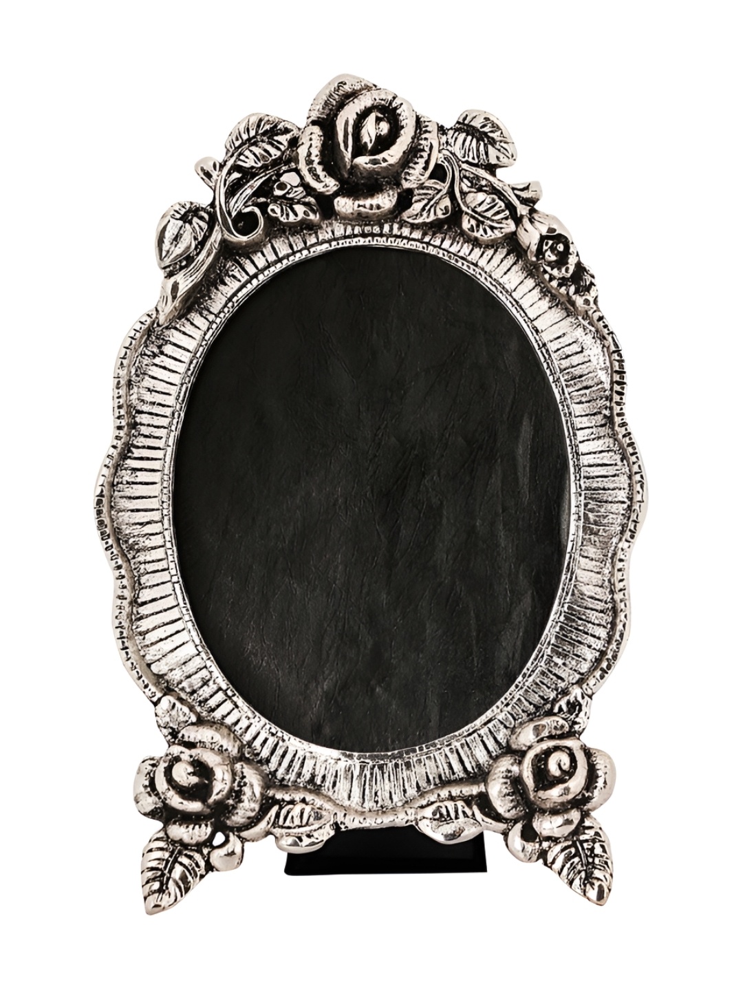 

NM Silver-Toned & Black Self Design Silver Plated Oval Shaped Table Photo Frame