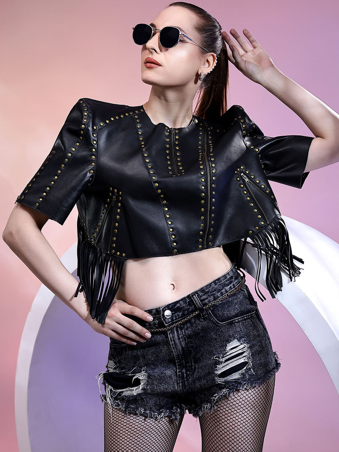 

Saint G Self Design Leather Water Resistant Crop Biker Jacket, Black