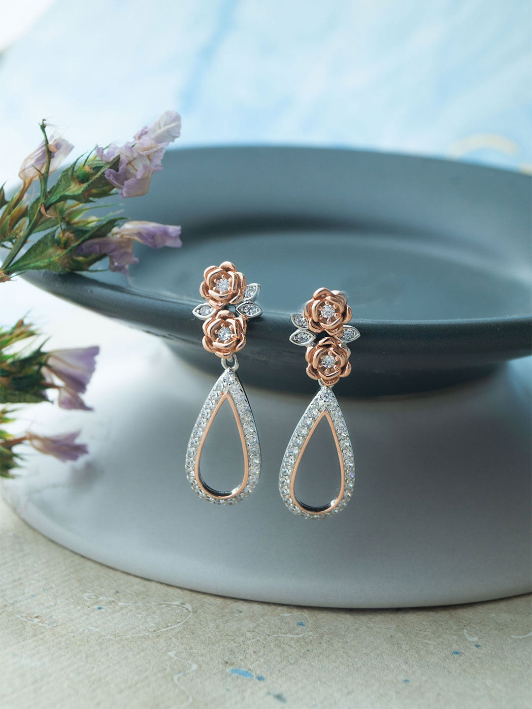 

MANNASH 92.5 Sterling Silver Cubic Zirconia Rose Gold Plated Drop Earrings