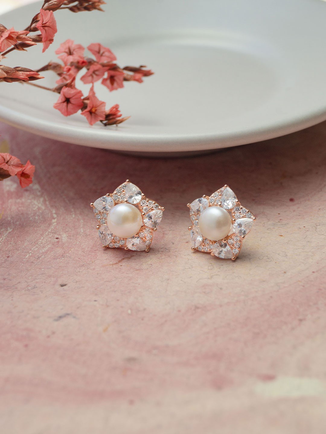 

MANNASH Rose Gold Plated Cubic Zirconia Studded Floral Studs Earrings