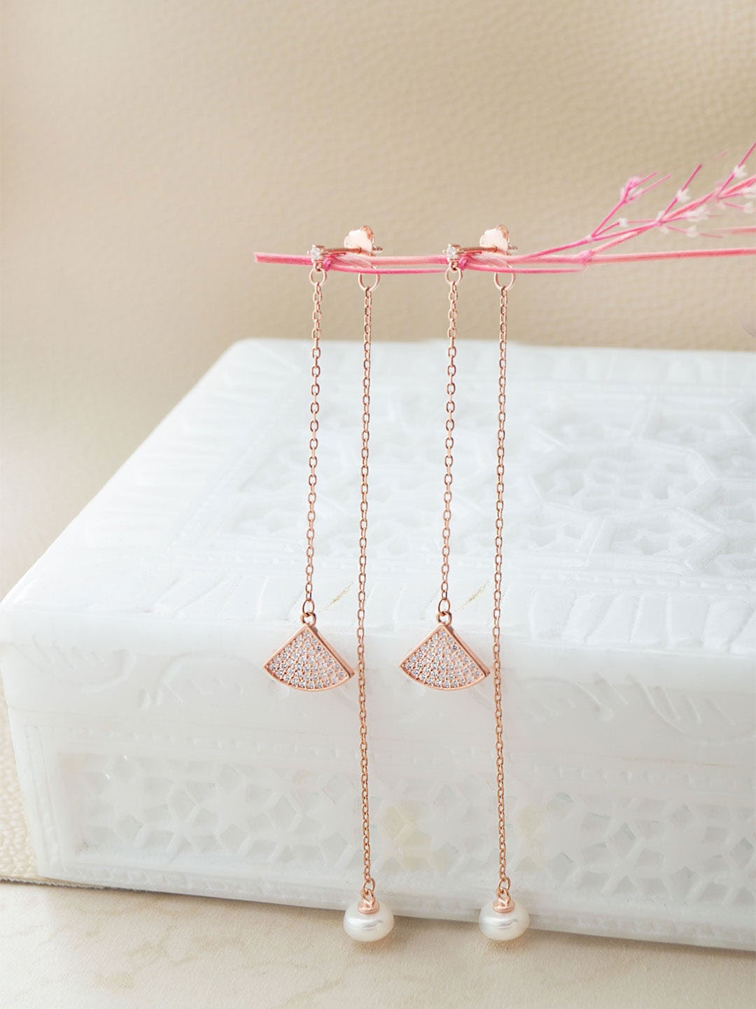 

MANNASH Rose Gold Plated Artificial Stones Studded & Beaded Triangular Drop Earrings