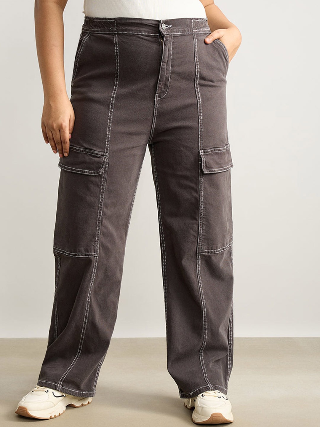

FREAKINS Women Plus Size Straight Fit High-Rise Clean Look Pure Cotton Cargo Jeans, Grey
