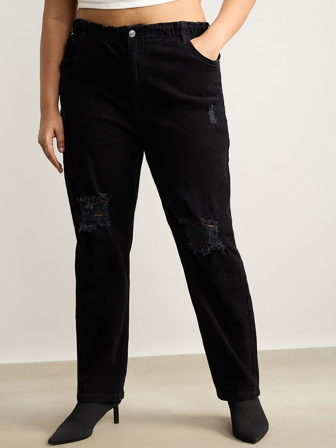 

FREAKINS Women Plus Size Mom Fit High-Rise Mildly Distressed Pure Cotton Jeans, Black