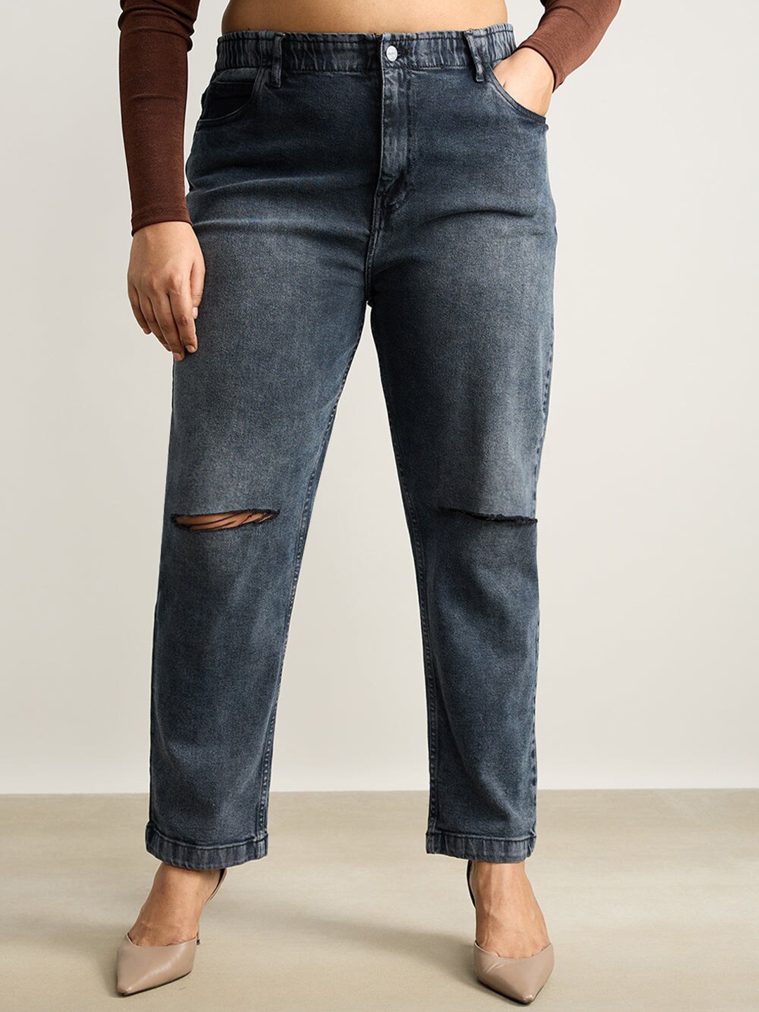 

FREAKINS Women Plus Size High-Rise Slash Knee Stretchable Light Fade Jeans, Charcoal