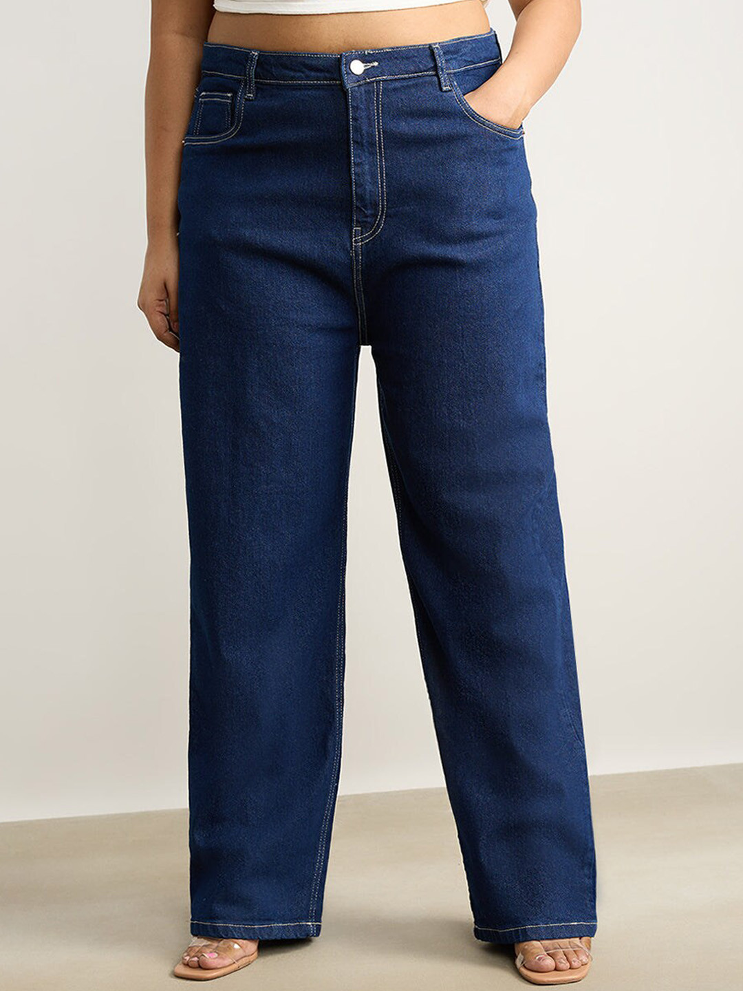 

FREAKINS Women Plus Size Straight Fit High-Rise Stretchable Light Fade Jeans, Blue