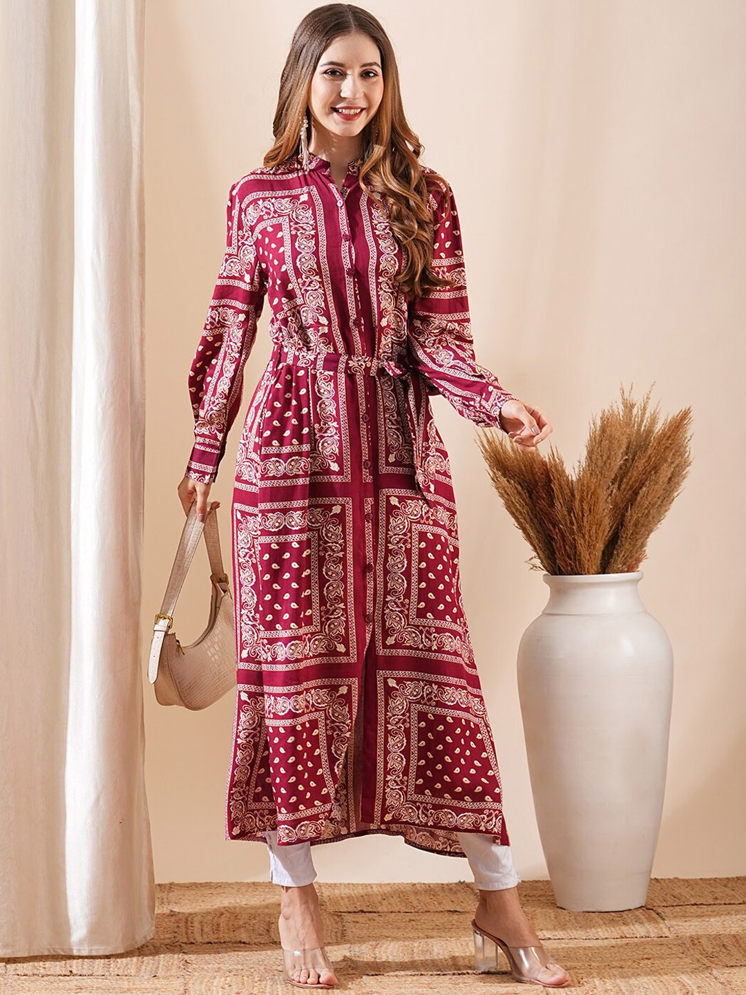 

FASHOR Abstract Printed Shirt Collar Thread Work Anarkali Kurta, Maroon