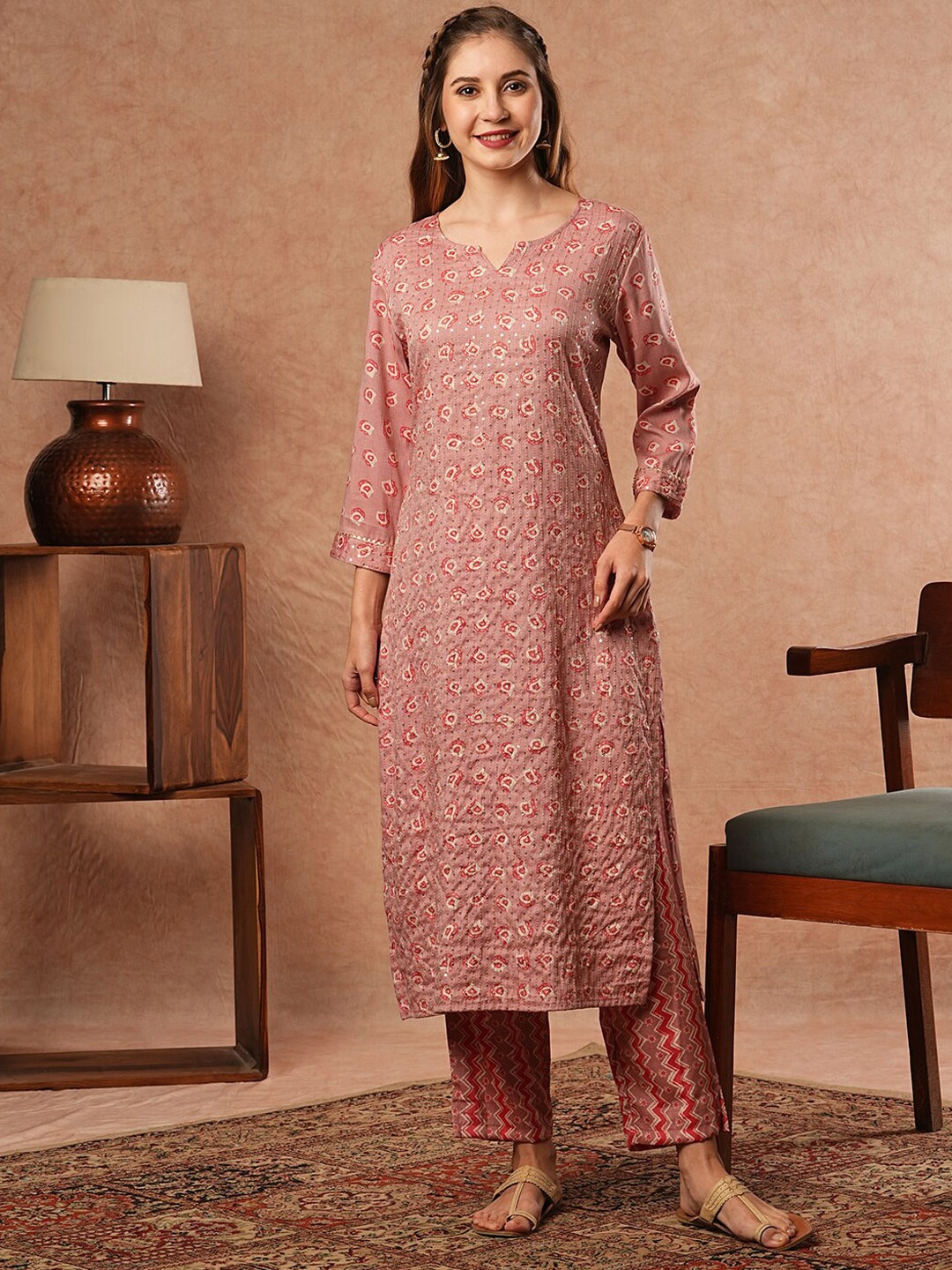 

FASHOR Ethnic Motifs Printed Regular Sequinned Kurta With Trousers, Rust