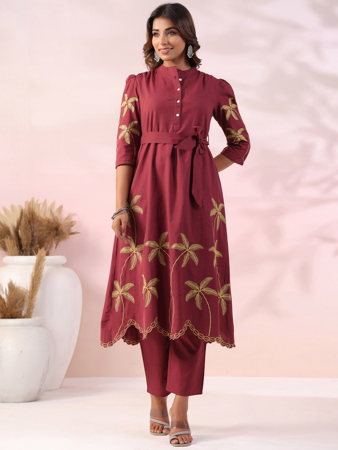 

FASHOR Maroon Floral Embroidered Thread Work Detailed A-Line Kurta with Trouser