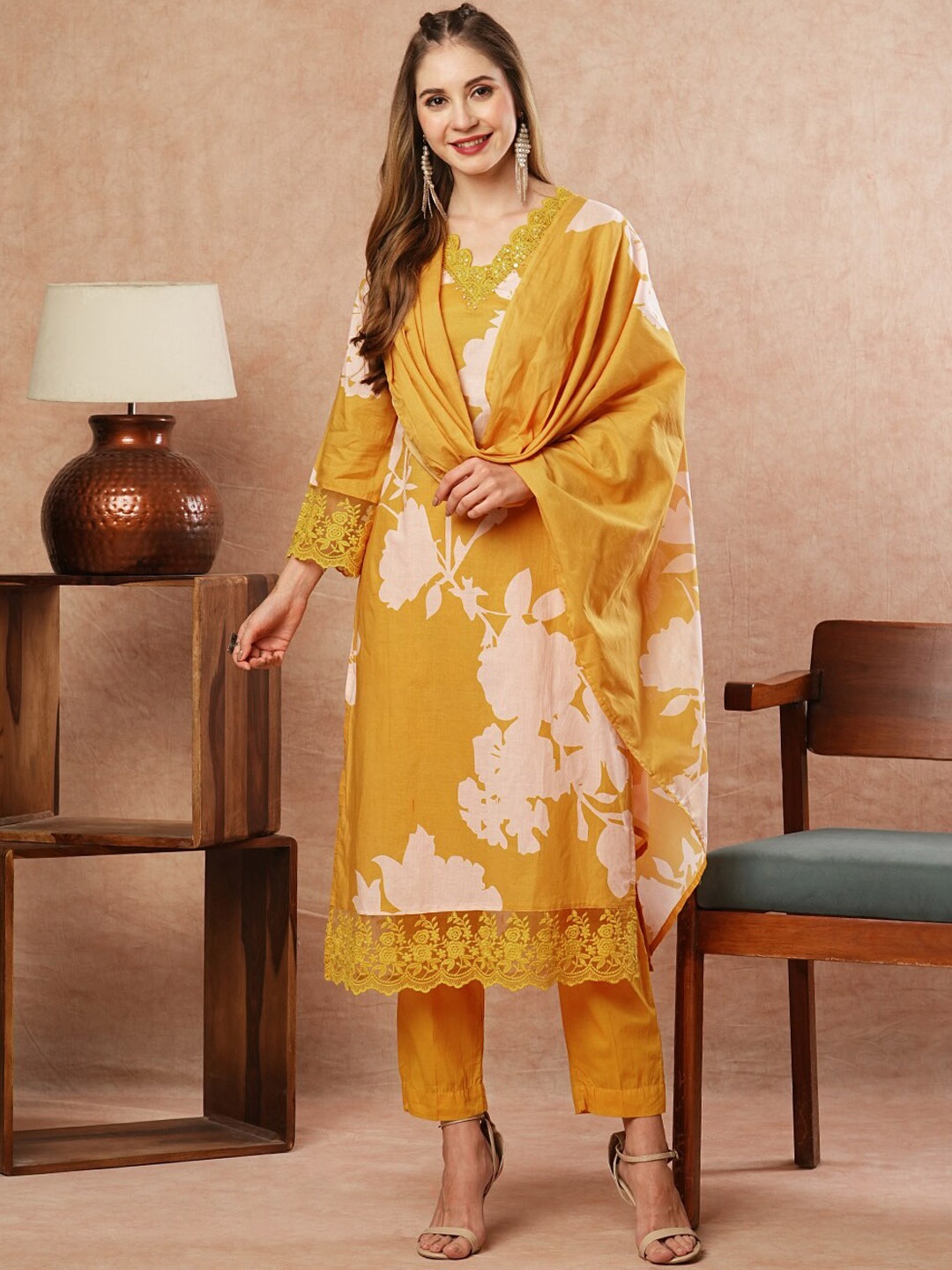 

FASHOR Floral Printed Beads and Stones Pure Cotton Straight Kurta With Trousers & Dupatta, Yellow