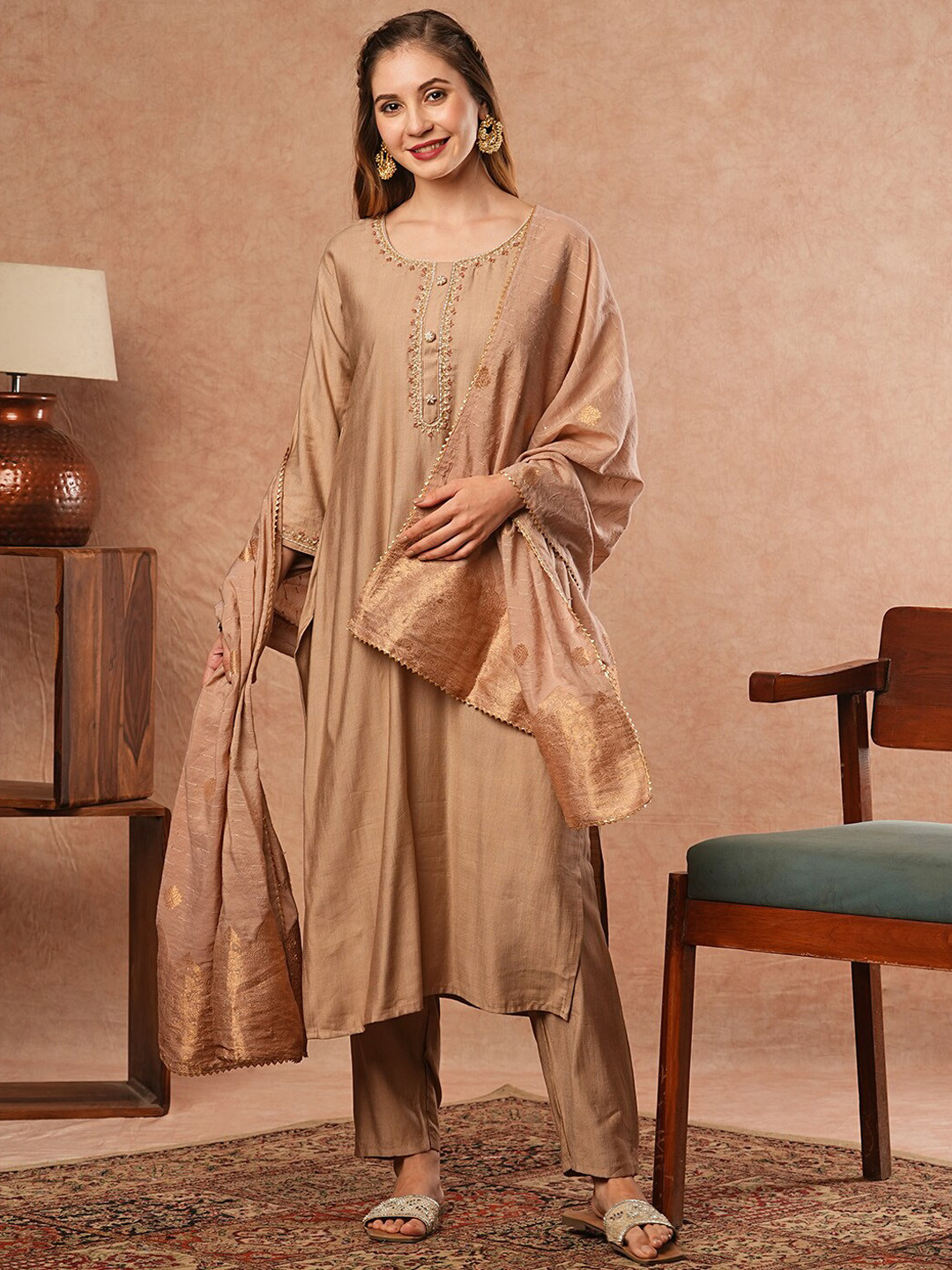 

FASHOR Ethnic Motifs Yoke Design Regular Beads and Stones Kurta with Trousers & Dupatta, Taupe