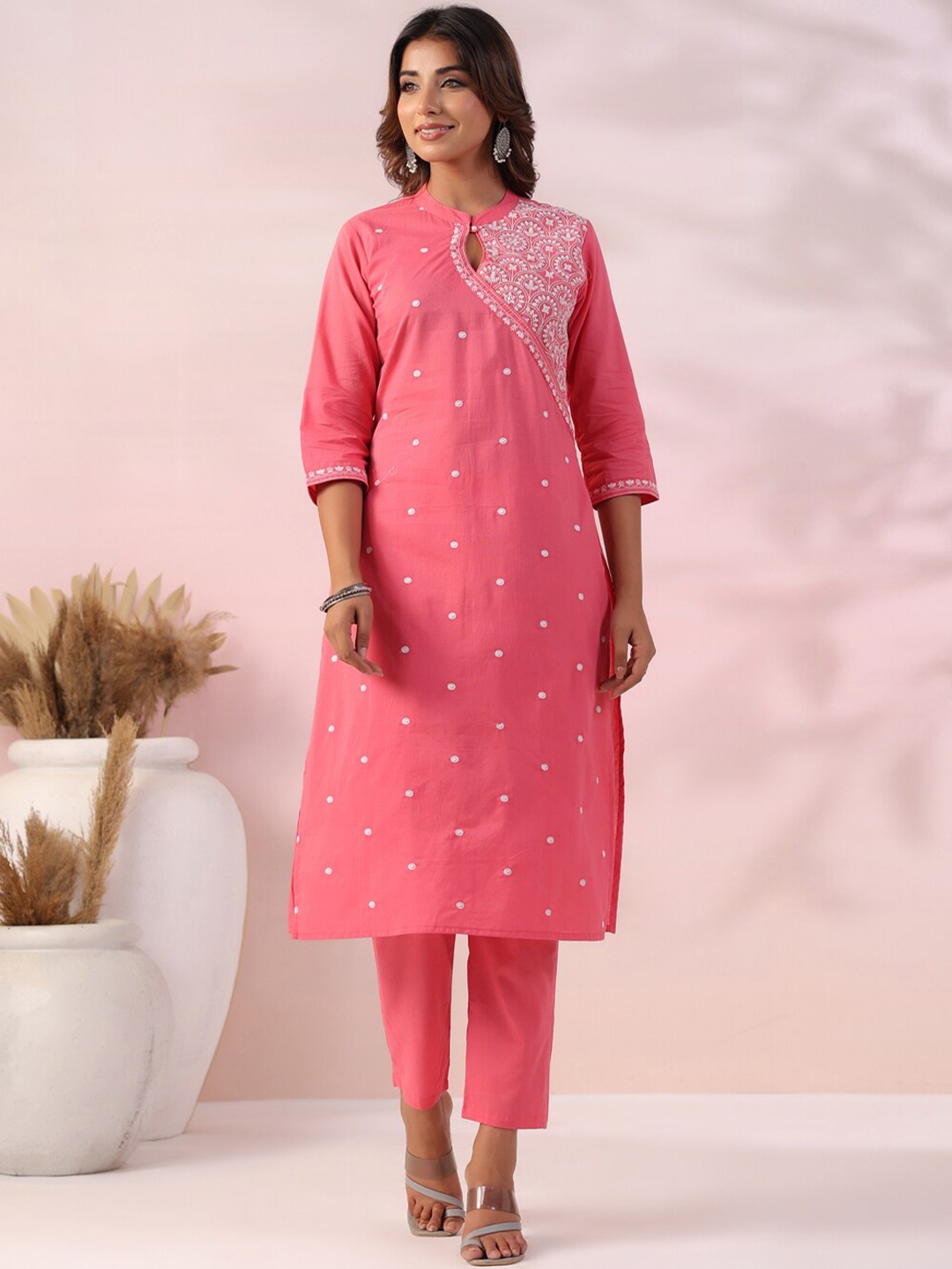 

FASHOR Floral Embroidered Thread Work Pure Cotton Straight Kurta With Trouser, Pink
