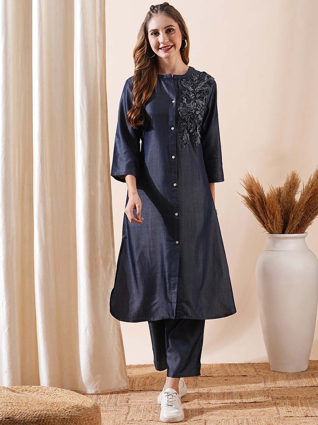 

FASHOR Floral Embroidered A-Line Tunic With Trouser Co-Ords, Navy blue