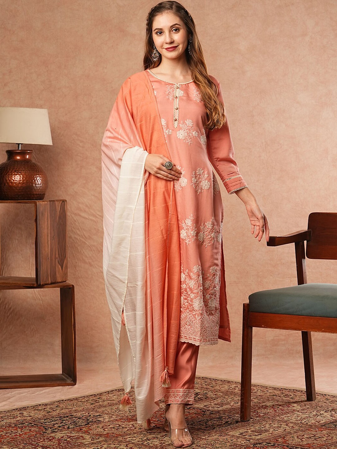 

FASHOR Floral Embroidered Chikankari Chanderi Cotton Straight Kurta With Trouser &Dupatta, Peach