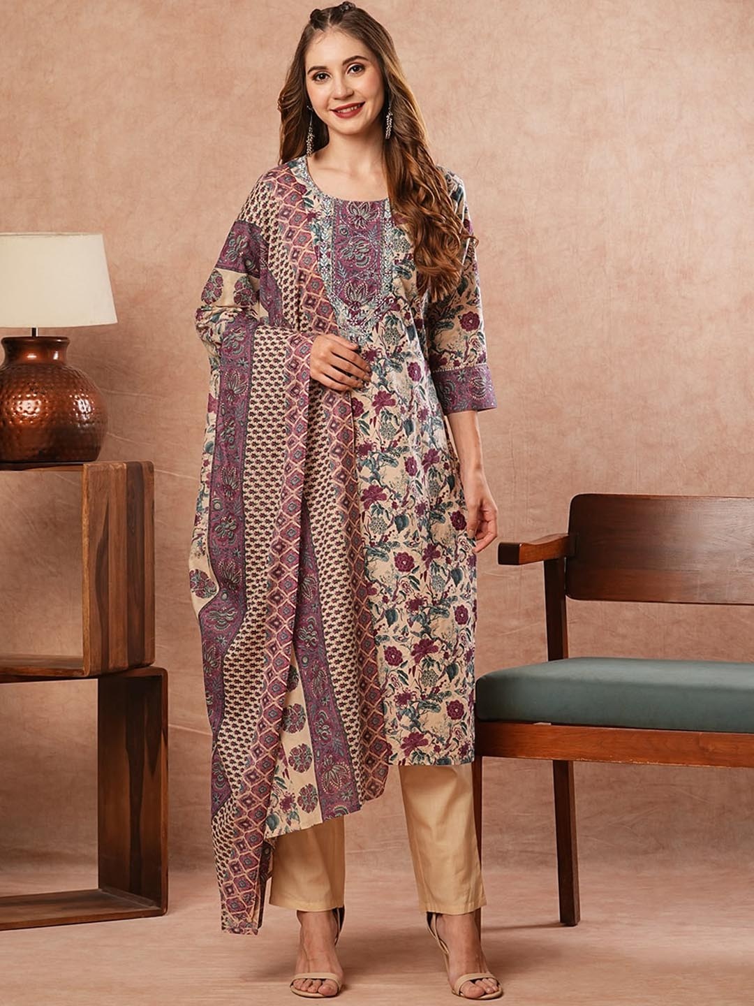 

FASHOR Floral Printed Regular Mirror Work Pure Cotton Kurta With Trousers & Dupatta, Cream