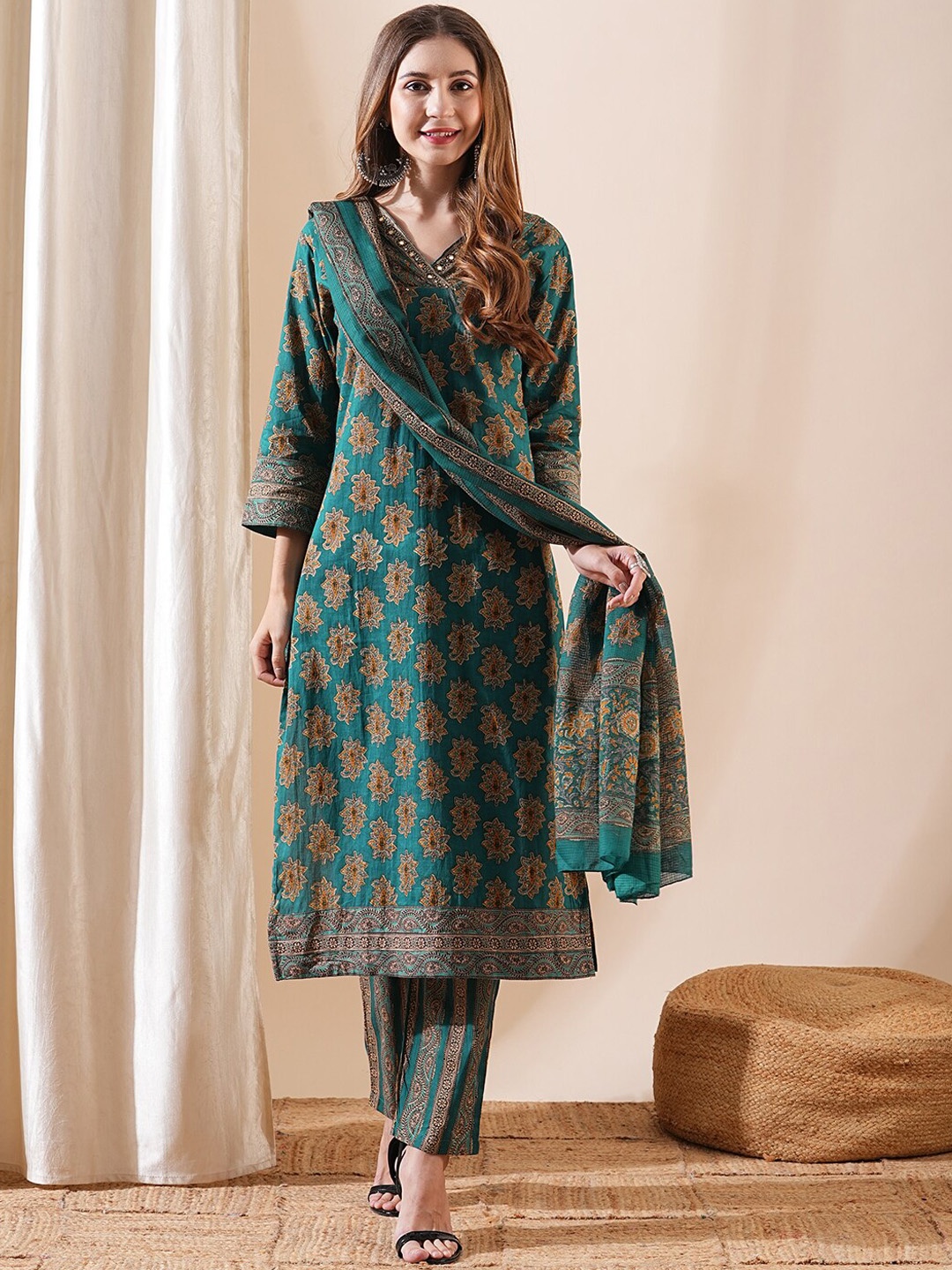 

FASHOR Floral Printed Mirror Work Pure Cotton V-Neck Straight Kurta With Trouser &Dupatta, Teal