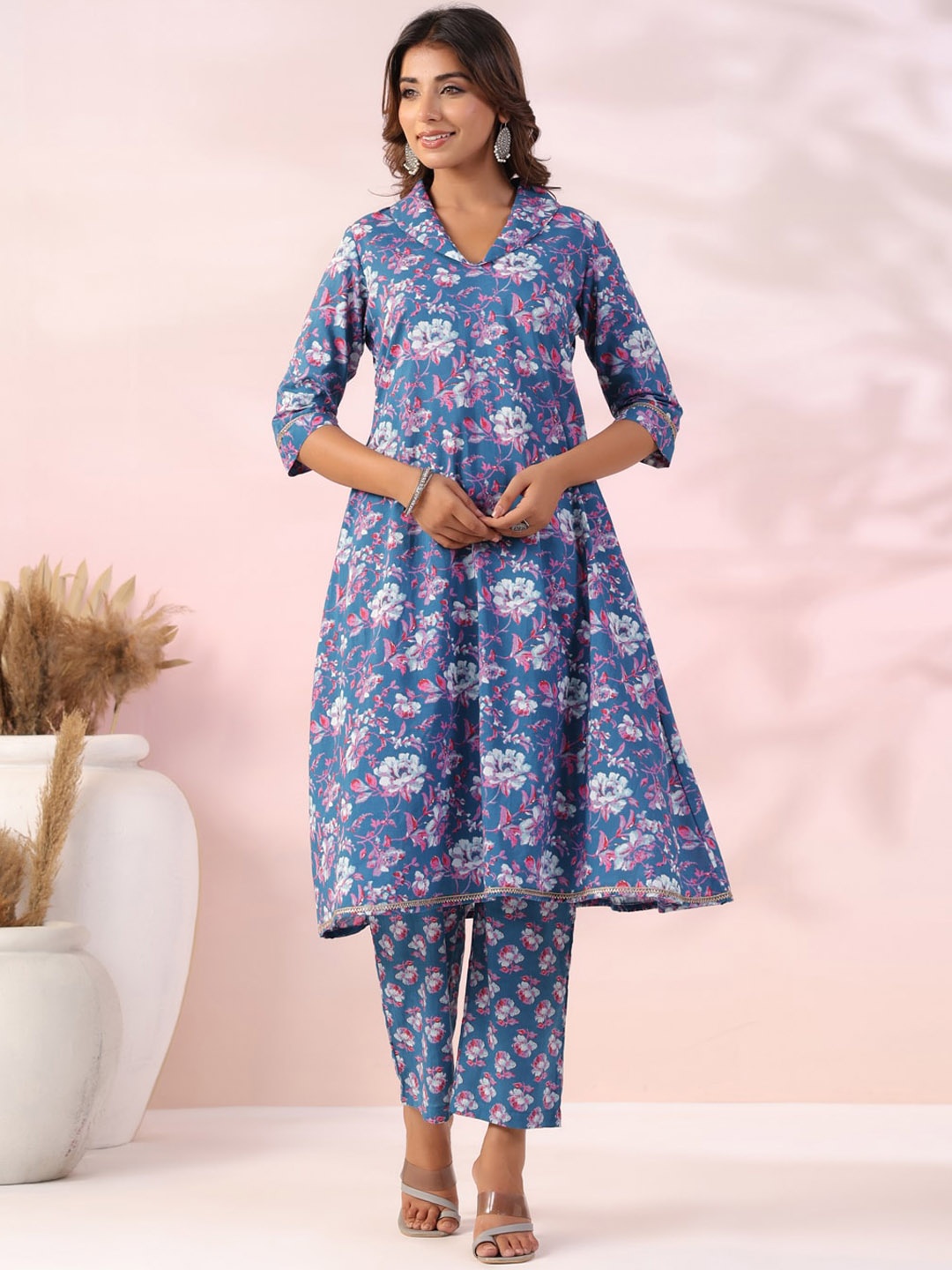 

FASHOR Floral Printed Regular Pure Cotton Kurta with Trousers, Blue