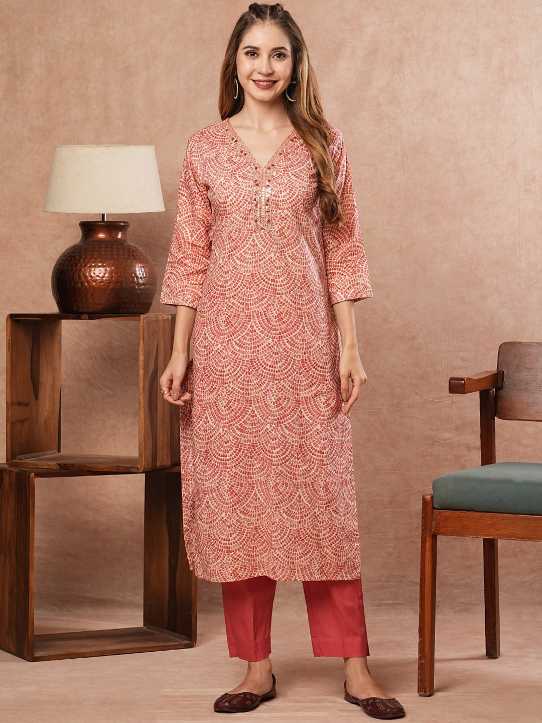 

FASHOR Geometric Printed Regular Mirror Work Pure Cotton Kurta with Trousers, Coral