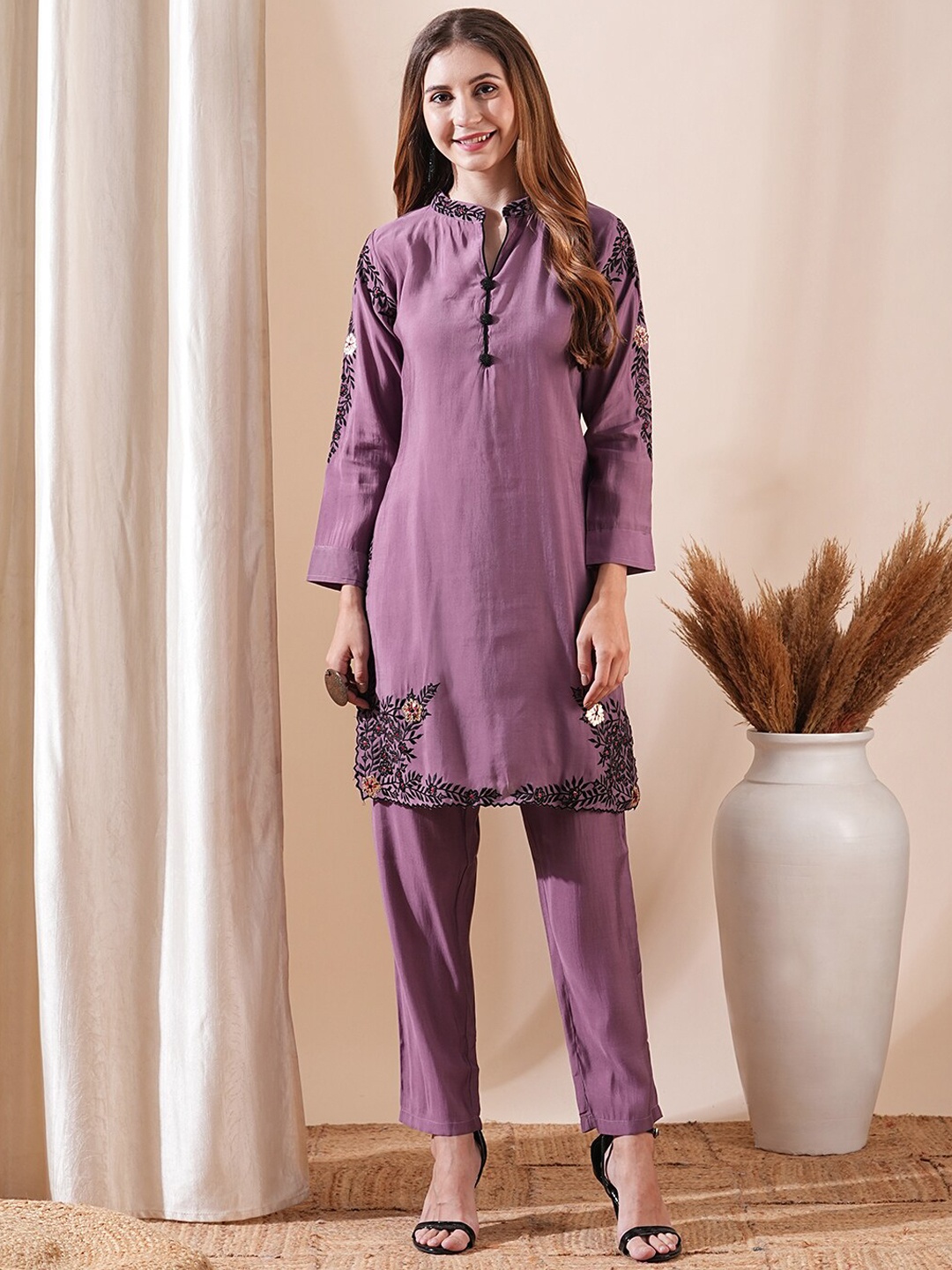 

FASHOR Embroidered Tunic & Trouser Co-Ord Set, Purple