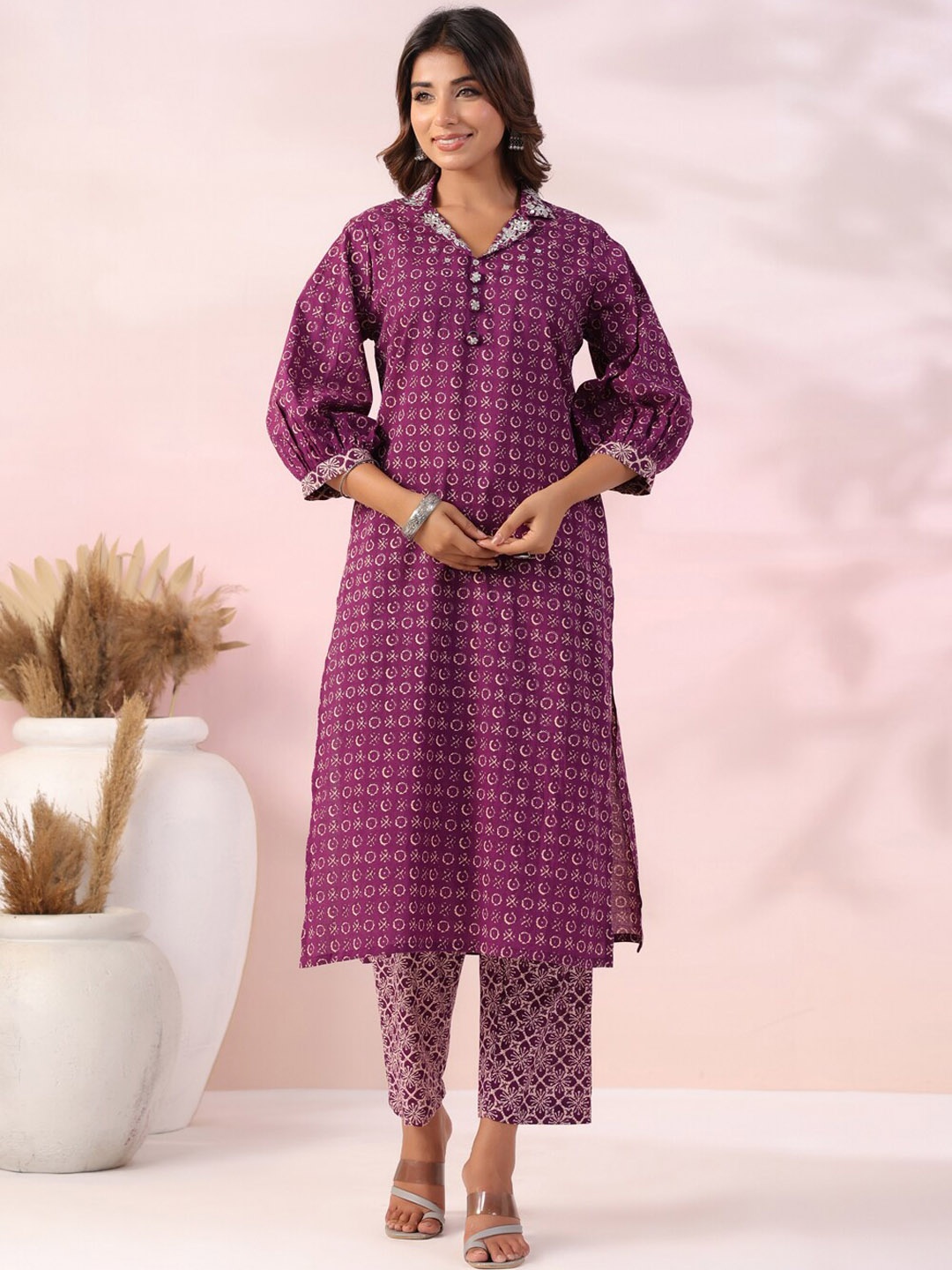 

FASHOR Geometric Printed Regular Pure Cotton Straight Kurta With Trousers, Purple