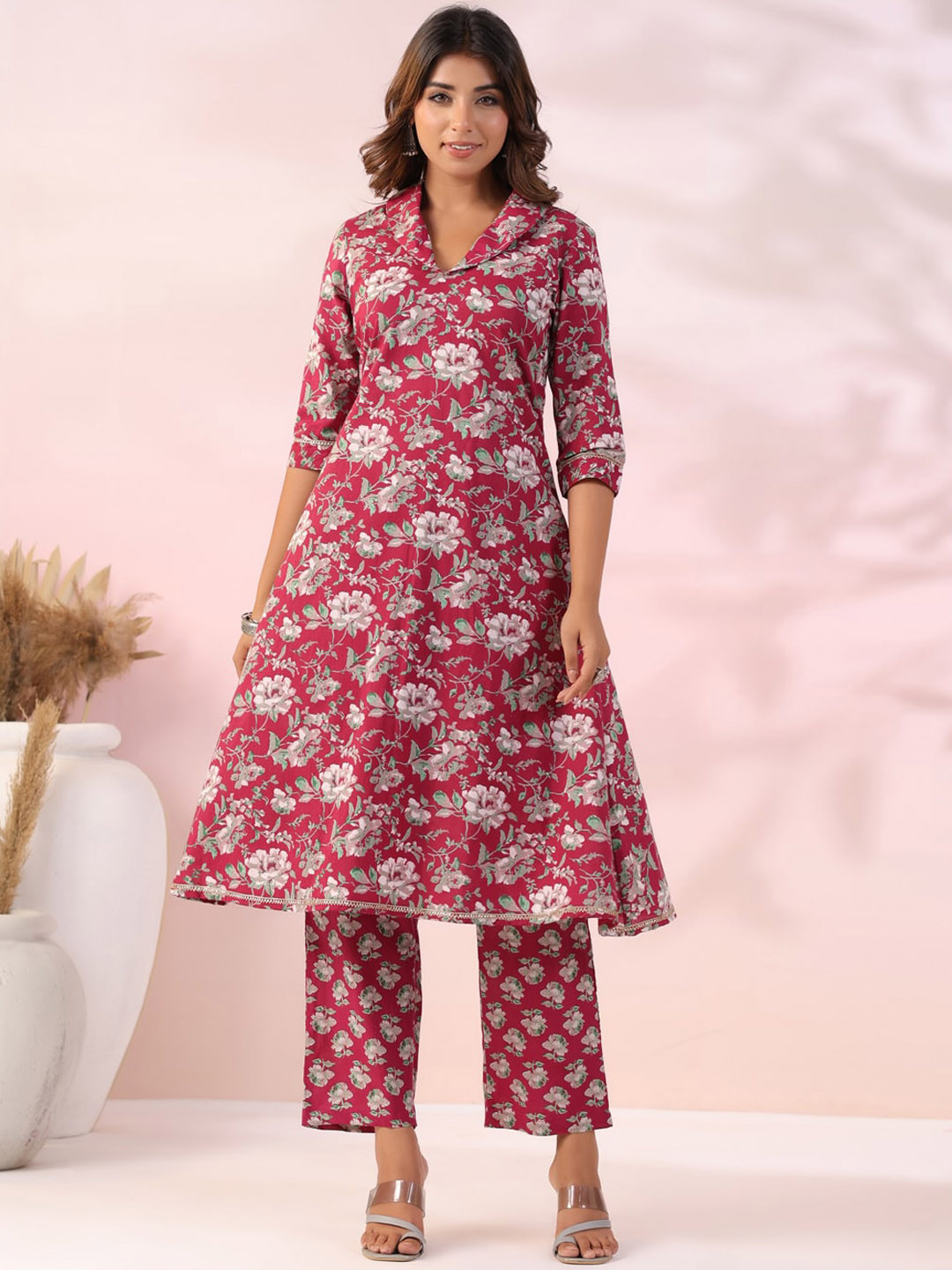 

FASHOR Floral Printed Regular Pure Cotton Shirt Collar A-Line Kurta With Trouser, Magenta